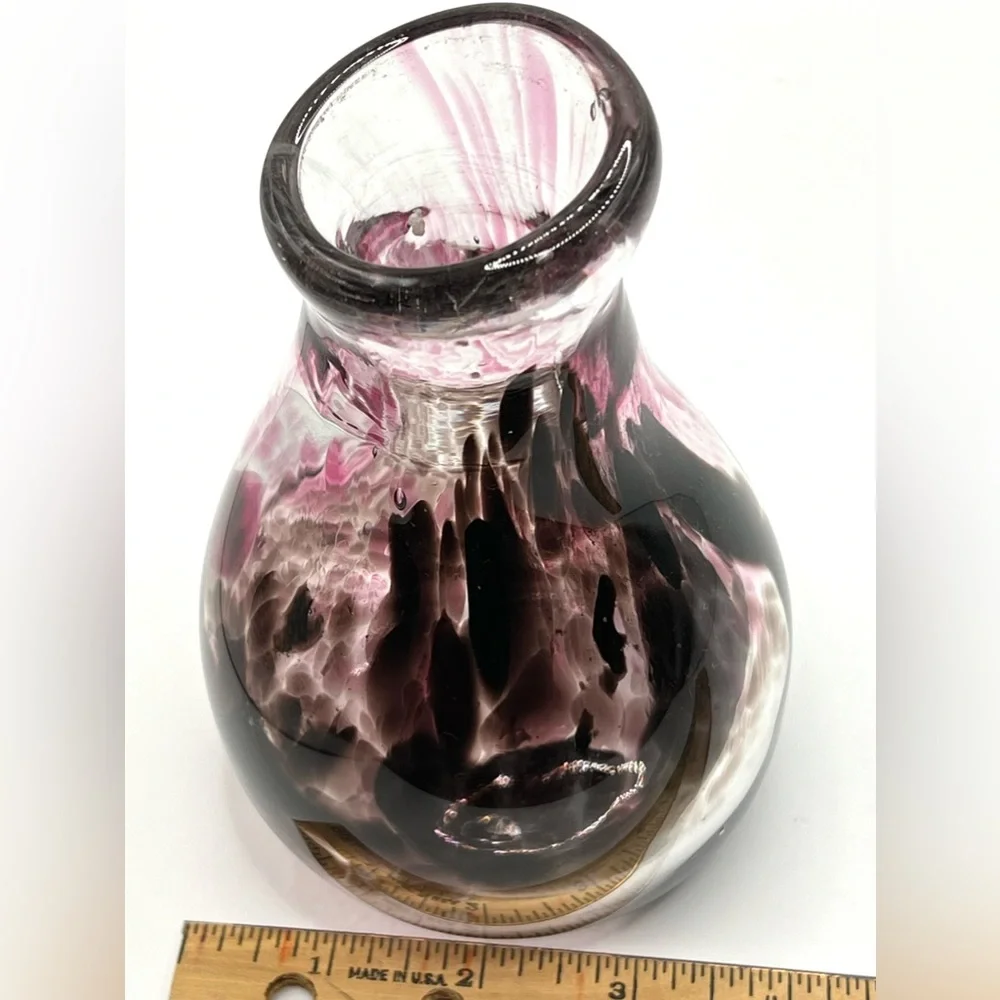 Handblown Art Glass Flowers Bud Vase Brown Pink Abstract Pattern 6 in
